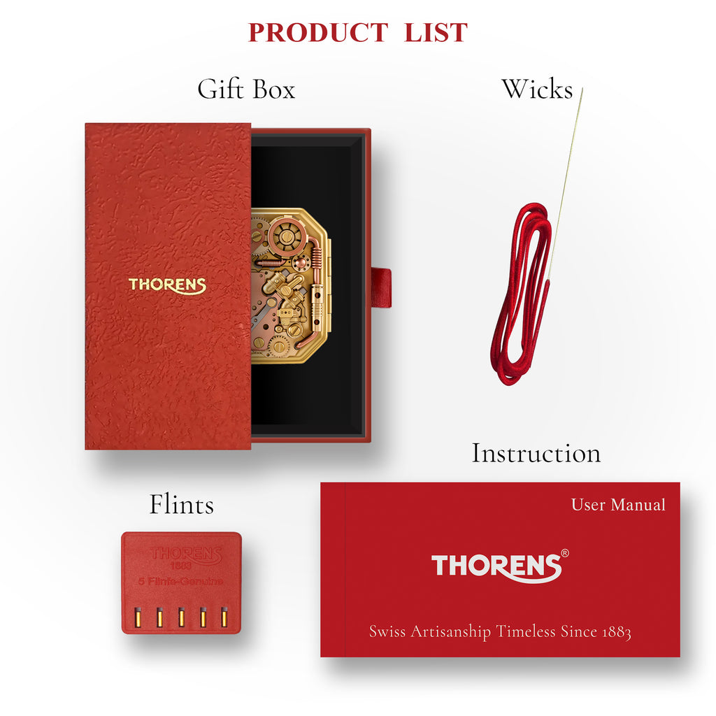 Thorens Steampunk Matchbox Twin Torque lighter presented in a red gift box with replacement wick, flints, and instruction manual arranged beside the packaging.