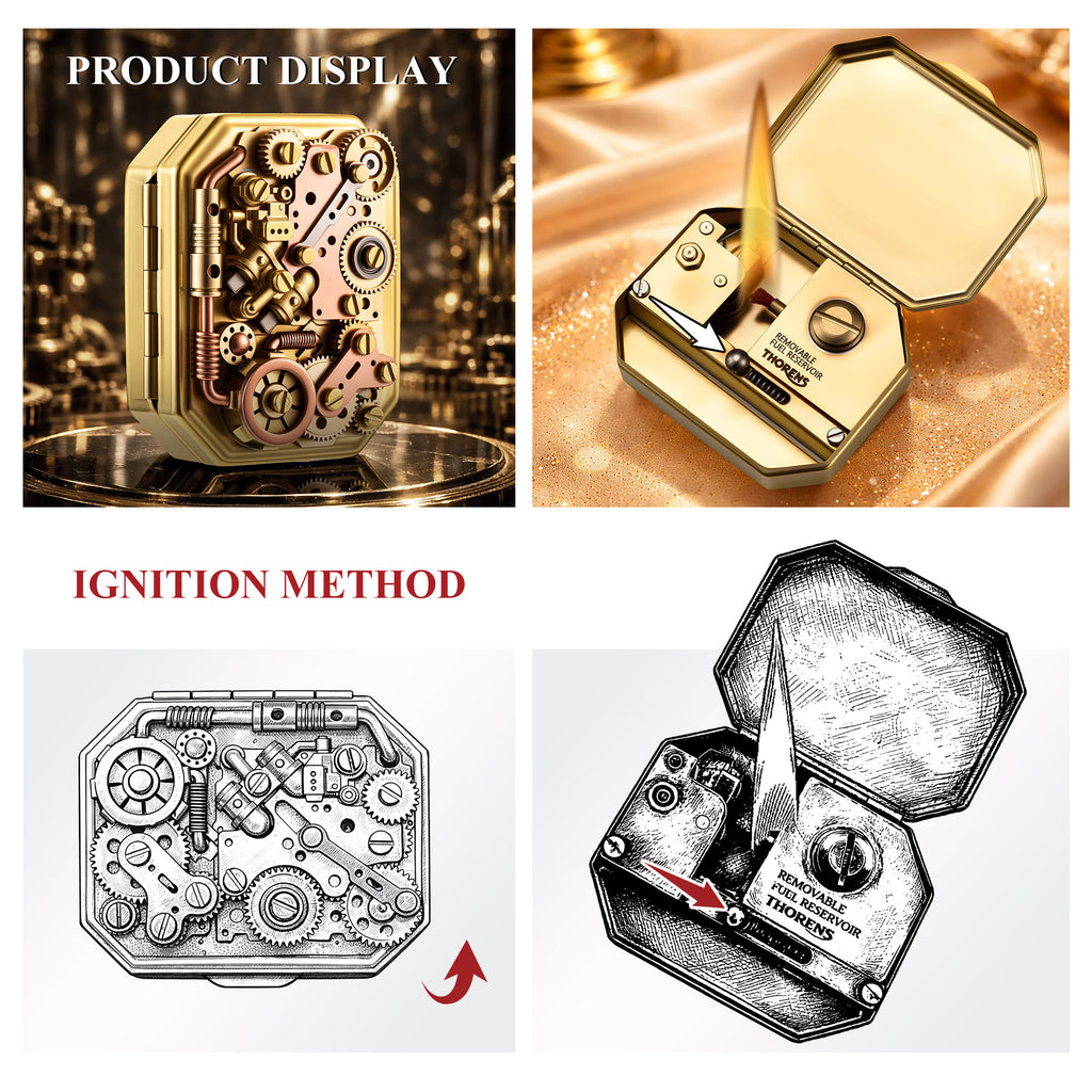 Thorens Steampunk Matchbox Twin Torque lighter display showing external gear design and ignition method with sliding mechanism and flame demonstration.