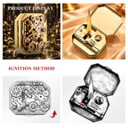 Thorens Steampunk Matchbox Twin Torque lighter display showing external gear design and ignition method with sliding mechanism and flame demonstration.