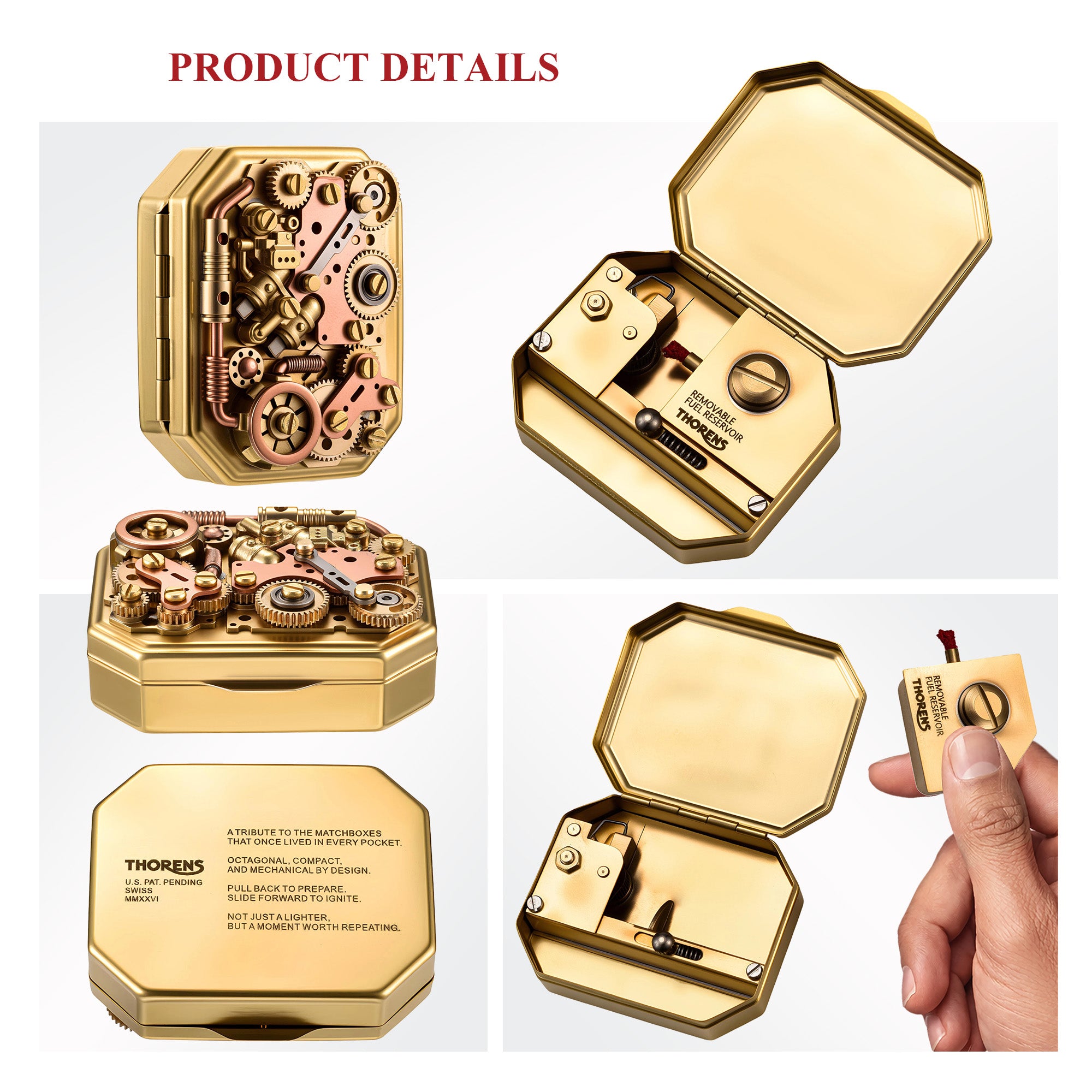 Detailed views of the Thorens Steampunk Matchbox Twin Torque lighter showing exposed gear mechanism, internal brass structure, and removable fuel reservoir.