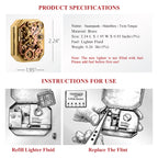 Product specifications and usage instructions for the Thorens Steampunk Matchbox Twin Torque lighter, including size details, fuel refill process, and flint replacement guide.