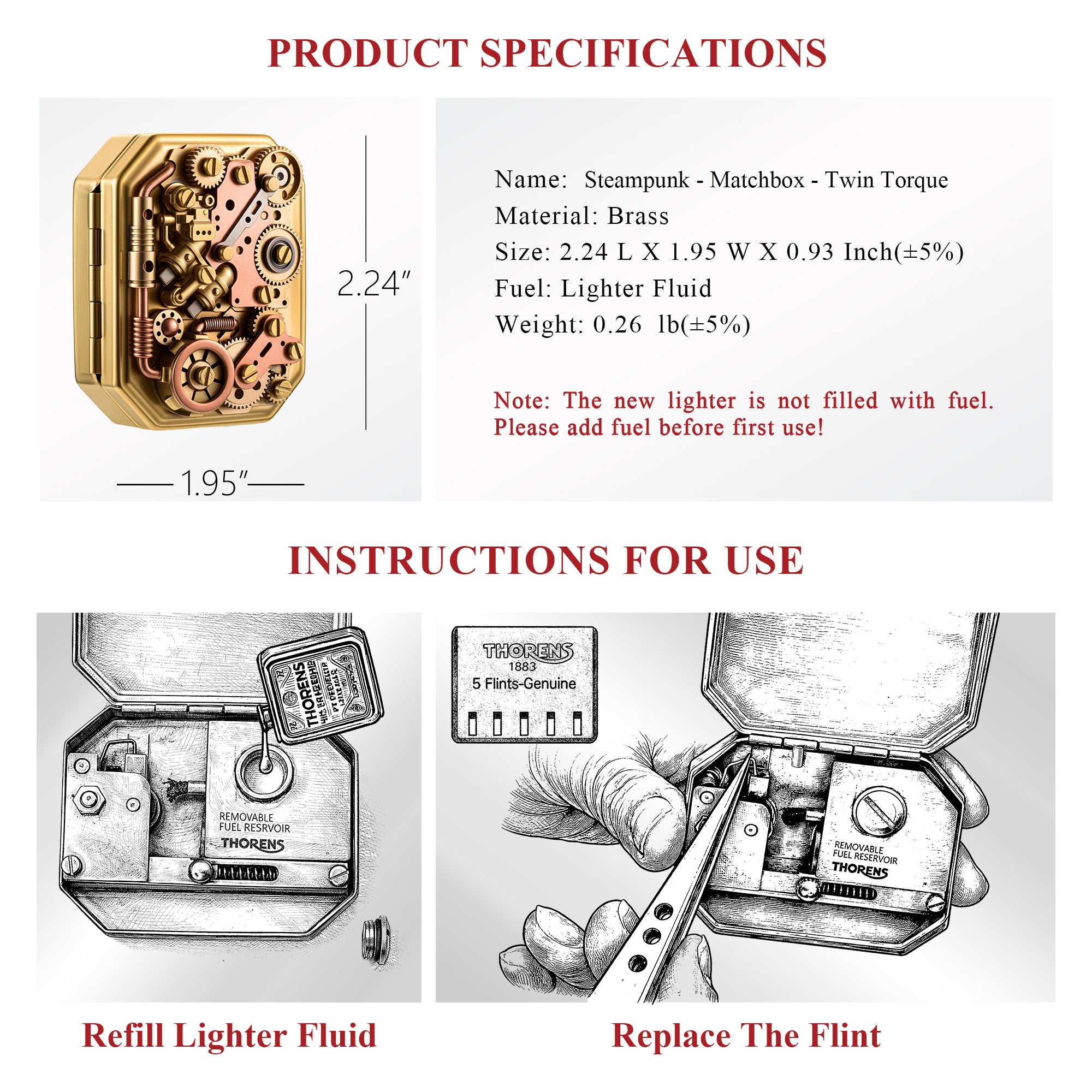 Product specifications and usage instructions for the Thorens Steampunk Matchbox Twin Torque lighter, including size details, fuel refill process, and flint replacement guide.