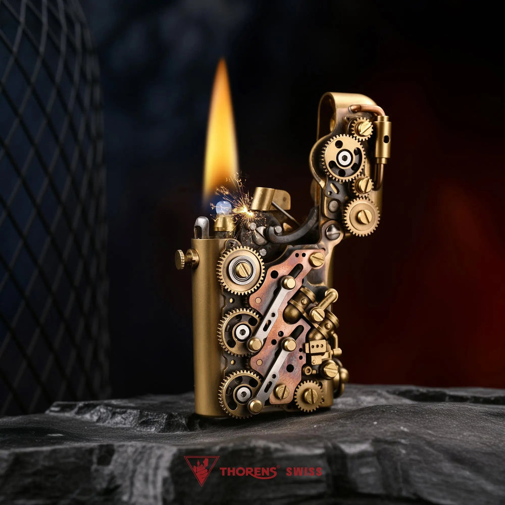 An ignited Thorens Steampunk-Twin Torque lighter with a glowing flame, showcasing its brass gears and side-fill mechanical structure.