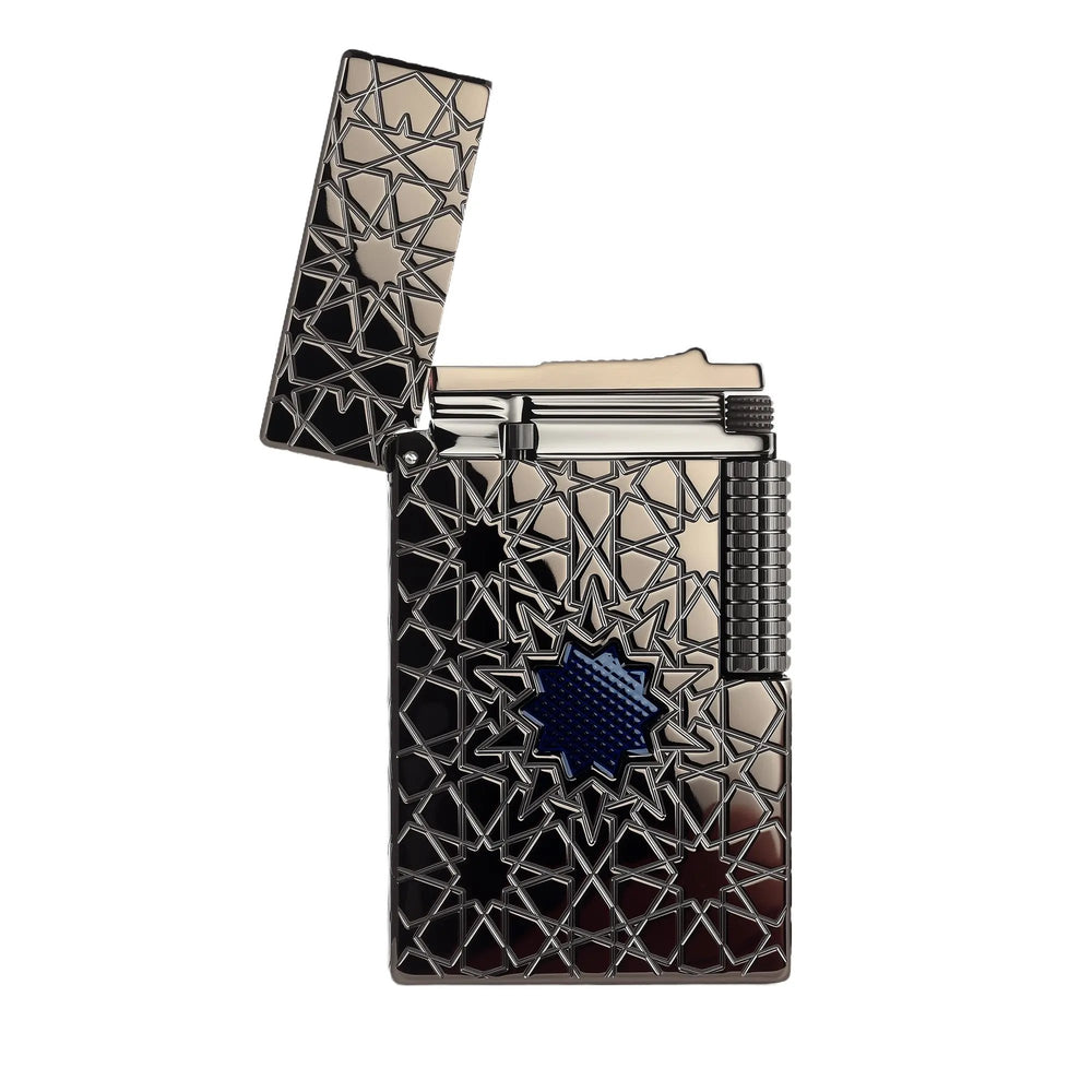A Thorens Stellar Mesh Black lighter with an open flip-top, featuring a deep-etched star pattern, blue mesh center, and precision metal flint wheel.
