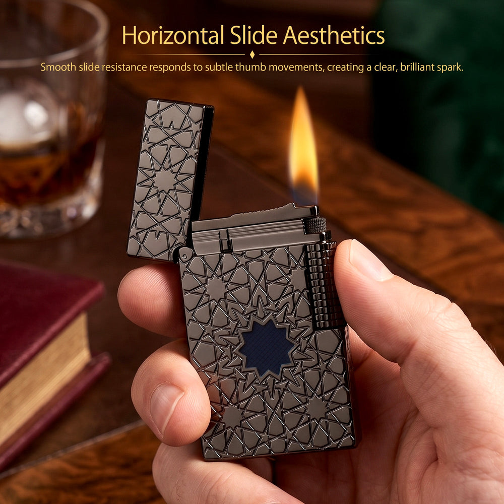 A Thorens Stellar Mesh Black lighter with an open flip-top, featuring a deep-etched star pattern, blue mesh center, and precision metal flint wheel.