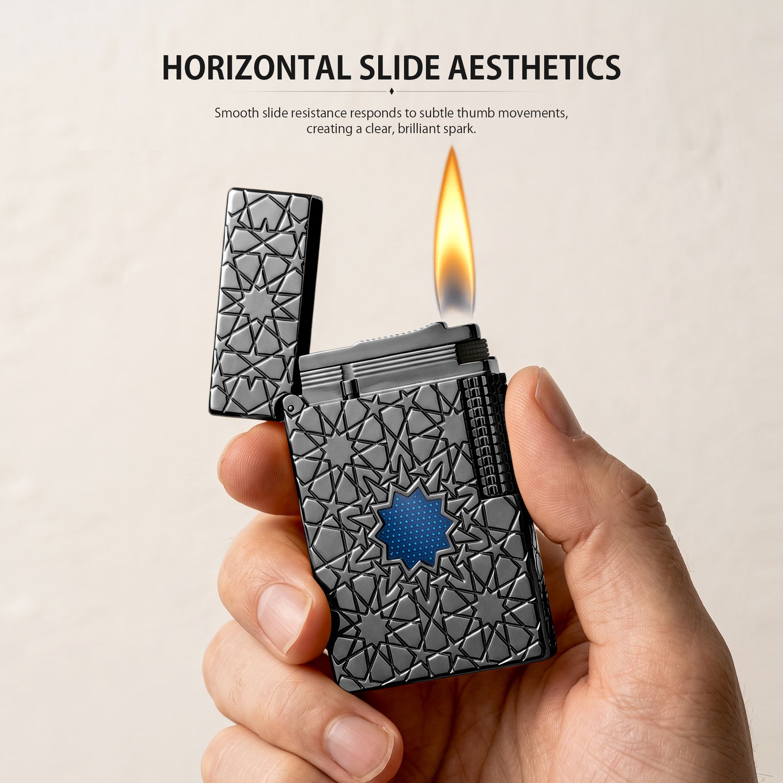 A Thorens Stellar Mesh Black lighter with an open flip-top, featuring a deep-etched star pattern, blue mesh center, and precision metal flint wheel.