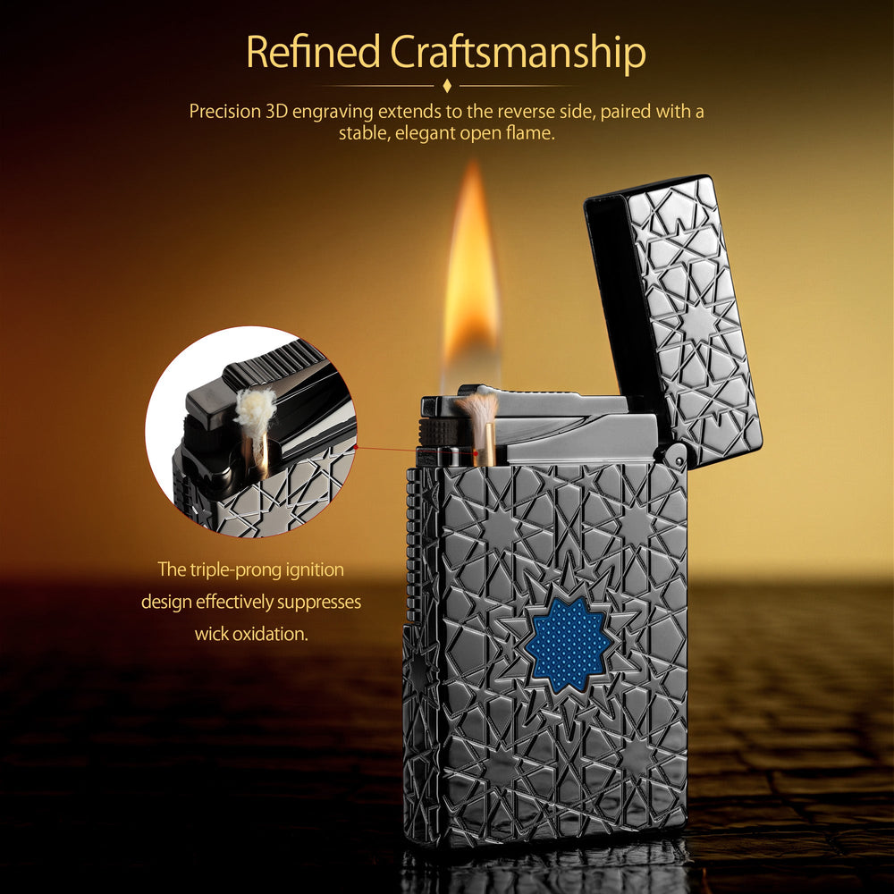 An ignited Thorens Stellar Mesh Black lighter on a wooden stand, highlighting the mechanical flint spark and the contrast of the blue mesh inlay against the black geometric star engraving.