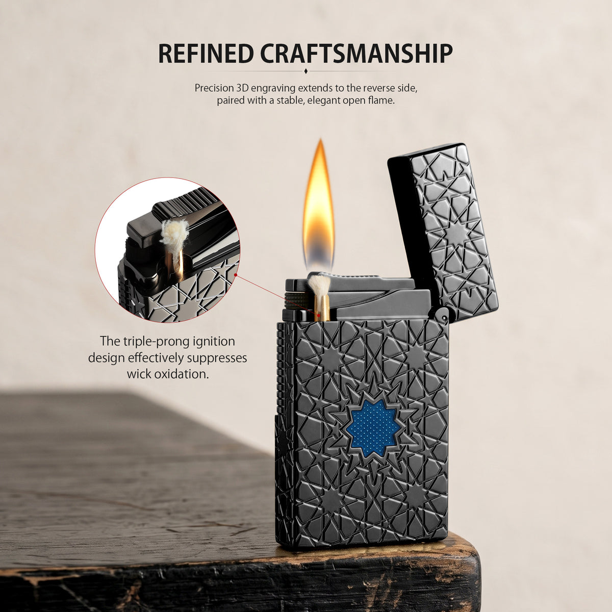 An ignited Thorens Stellar Mesh Black lighter on a wooden stand, highlighting the mechanical flint spark and the contrast of the blue mesh inlay against the black geometric star engraving.