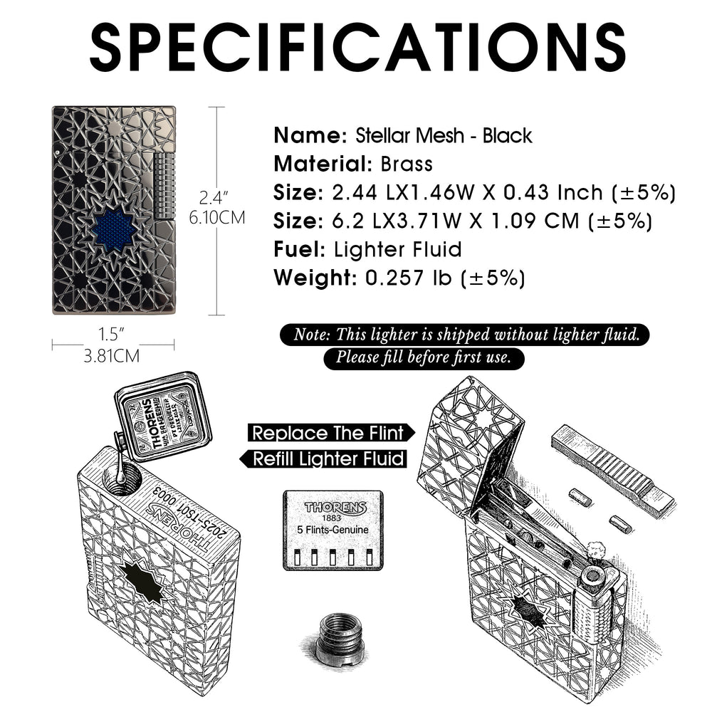 A technical datasheet for the Stellar Mesh Black lighter detailing product dimensions, brass material, and illustrated instructions for fluid refilling and flint replacement.