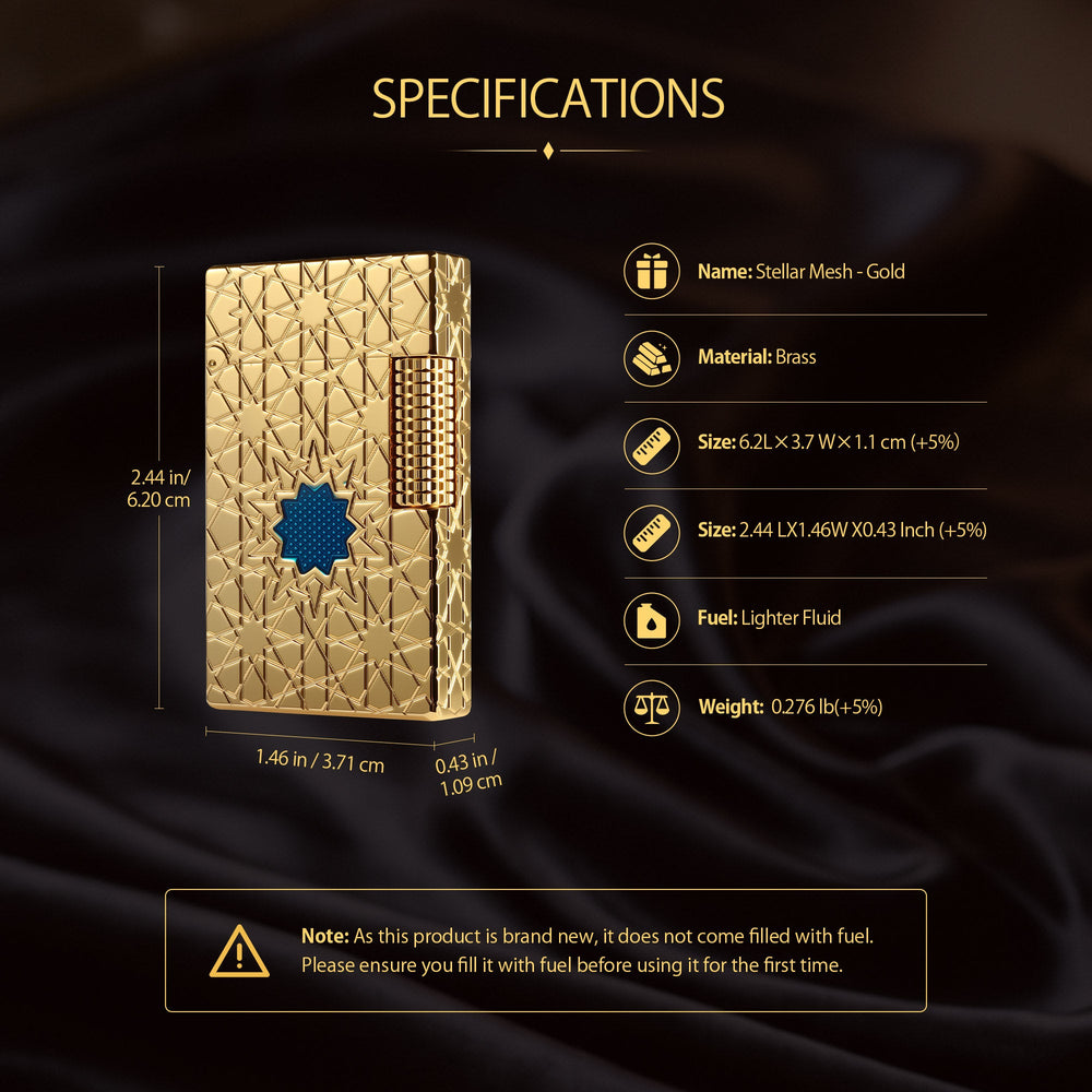 An technical drawing of the Stellar Mesh Gold lighter featuring an exploded view of its internal components and a guide to the mechanical ignition method.