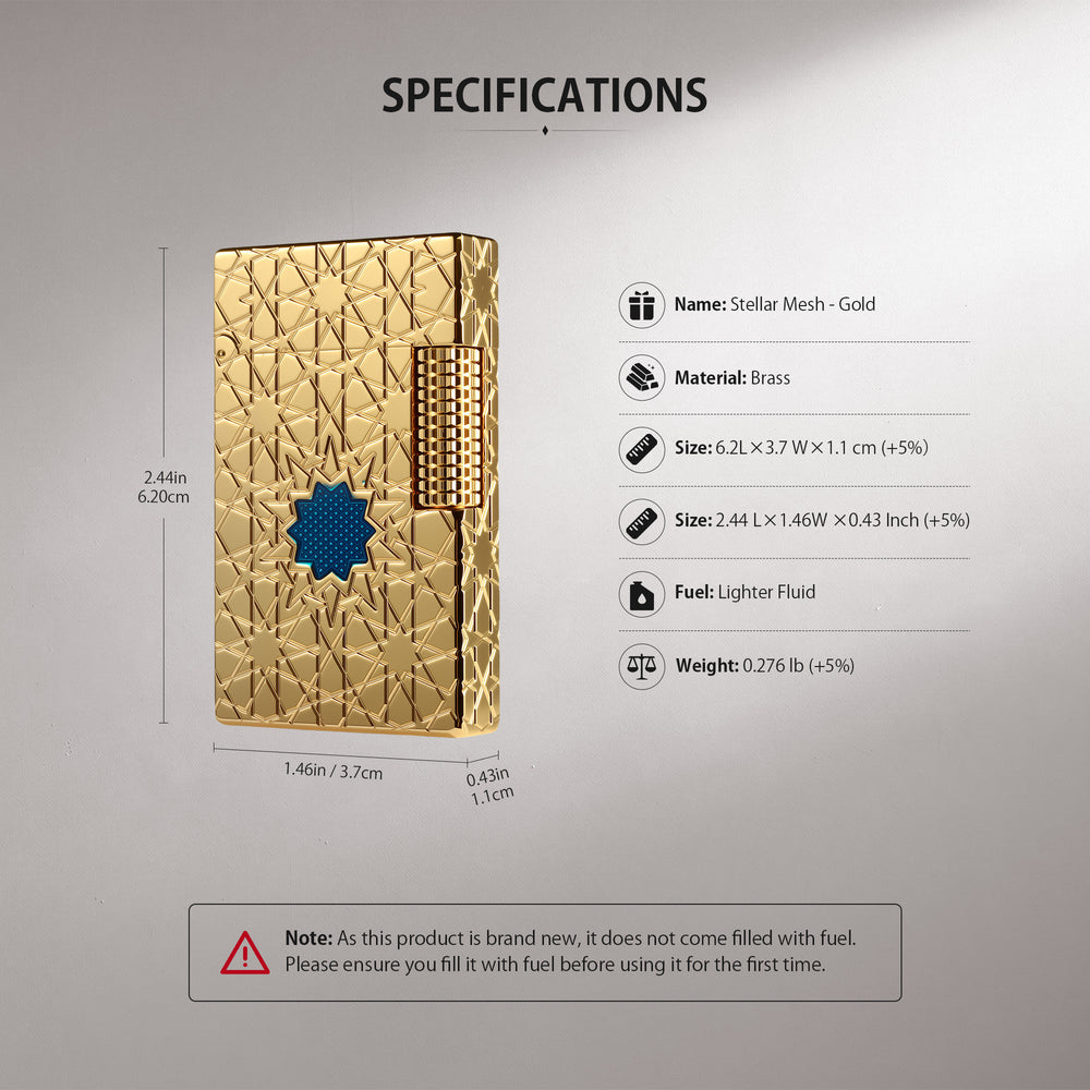 An technical drawing of the Stellar Mesh Gold lighter featuring an exploded view of its internal components and a guide to the mechanical ignition method.