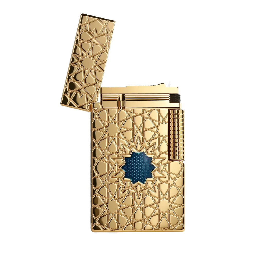 A Thorens Stellar Mesh Gold lighter with an open flip-top, featuring deep-etched geometric star patterns, a blue mesh center, and precision brass-finished mechanics.