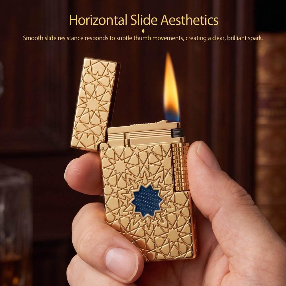 A Thorens Stellar Mesh Gold lighter with an open flip-top, featuring deep-etched geometric star patterns, a blue mesh center, and precision brass-finished mechanics.