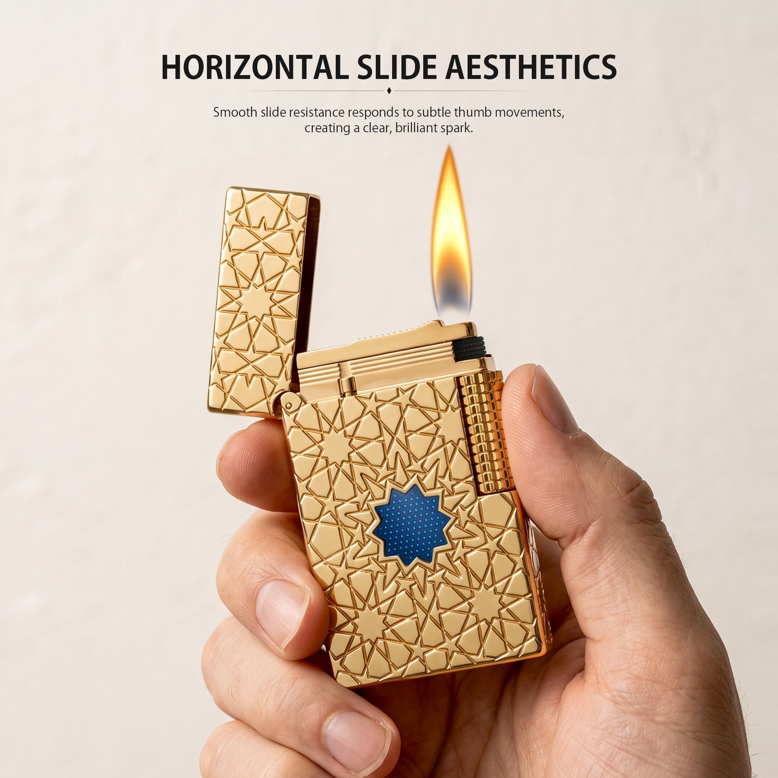 A Thorens Stellar Mesh Gold lighter with an open flip-top, featuring deep-etched geometric star patterns, a blue mesh center, and precision brass-finished mechanics.