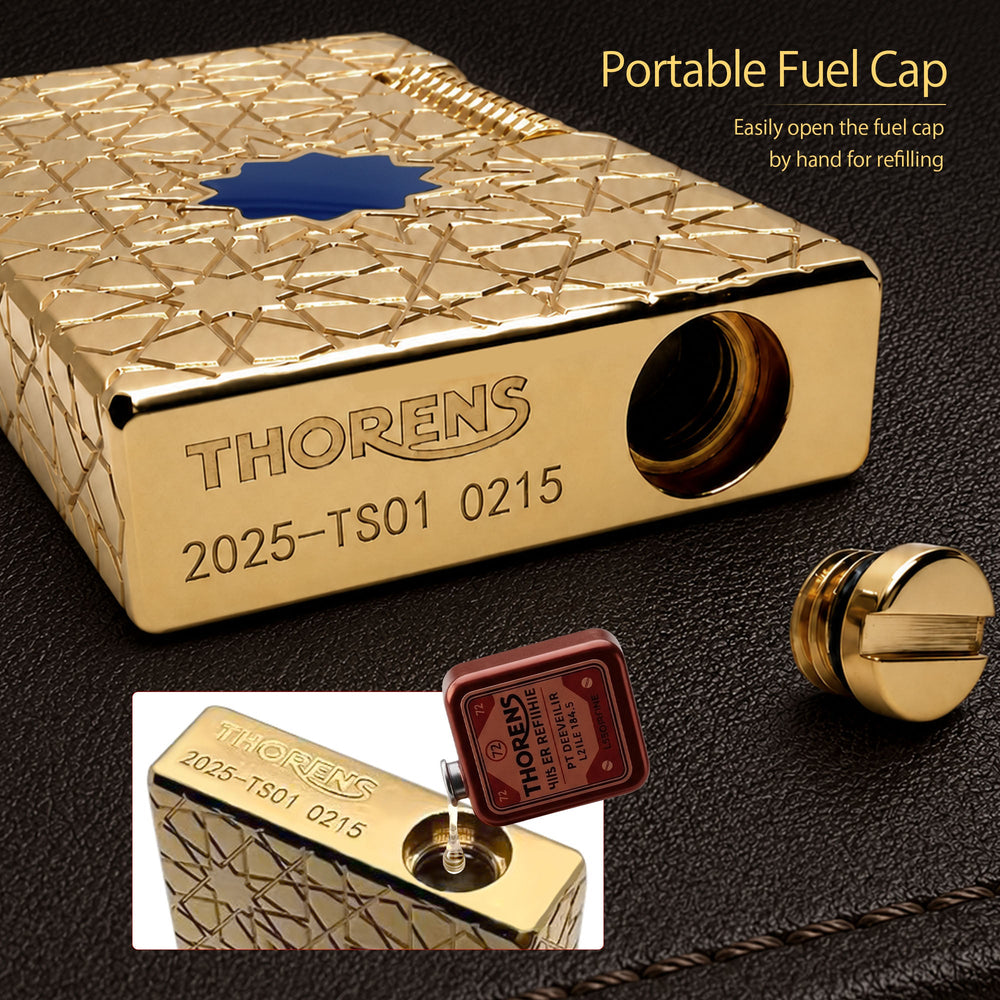 A product list for the Stellar Mesh Gold lighter, featuring the engraved gold-finish lighter in a red gift box with wicks, flints, and an official user manual.