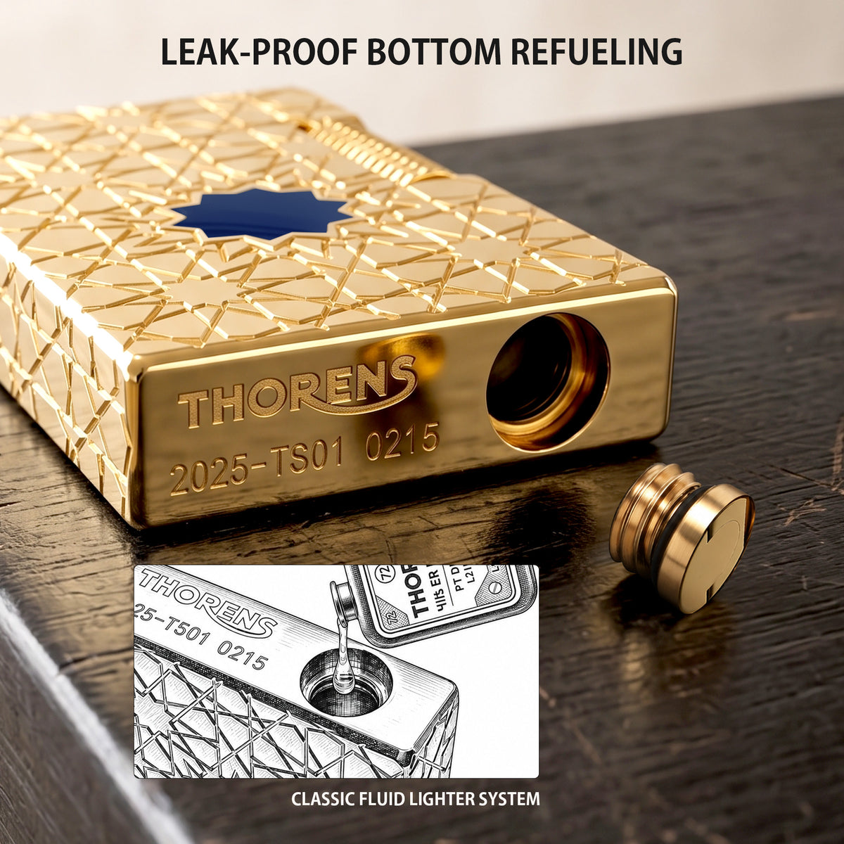 A product list for the Stellar Mesh Gold lighter, featuring the engraved gold-finish lighter in a red gift box with wicks, flints, and an official user manual.