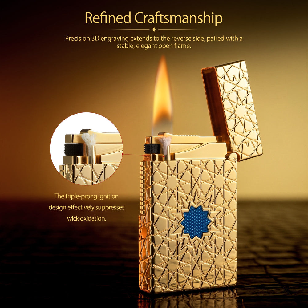 A Thorens Stellar Mesh Gold lighter with an open lid and active flame, showcasing the flint spark mechanism and intricate blue mesh star engraving on the gold-plated body.