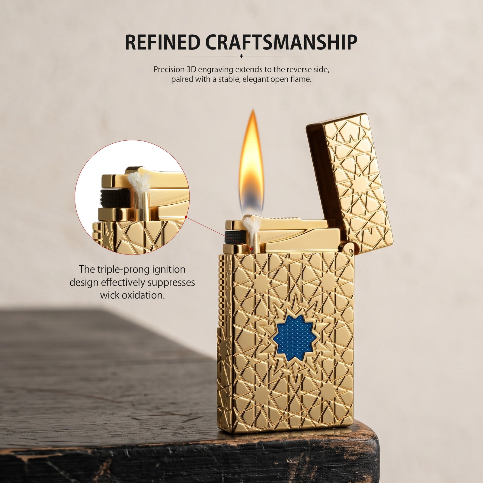 A Thorens Stellar Mesh Gold lighter with an open lid and active flame, showcasing the flint spark mechanism and intricate blue mesh star engraving on the gold-plated body.