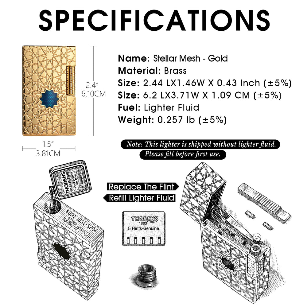 A technical data sheet for the Stellar Mesh Gold lighter including size, material, and fuel type, with illustrated steps for refilling fluid and replacing the flint.