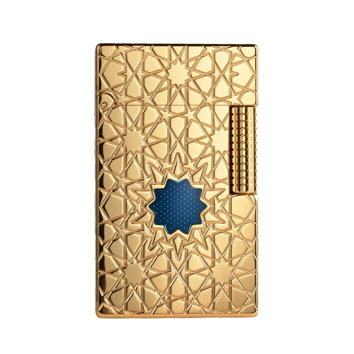 Front view of the Thorens Stellar Mesh lighter in a radiant gold finish, featuring a geometric star pattern and a centered blue decorative inlay.