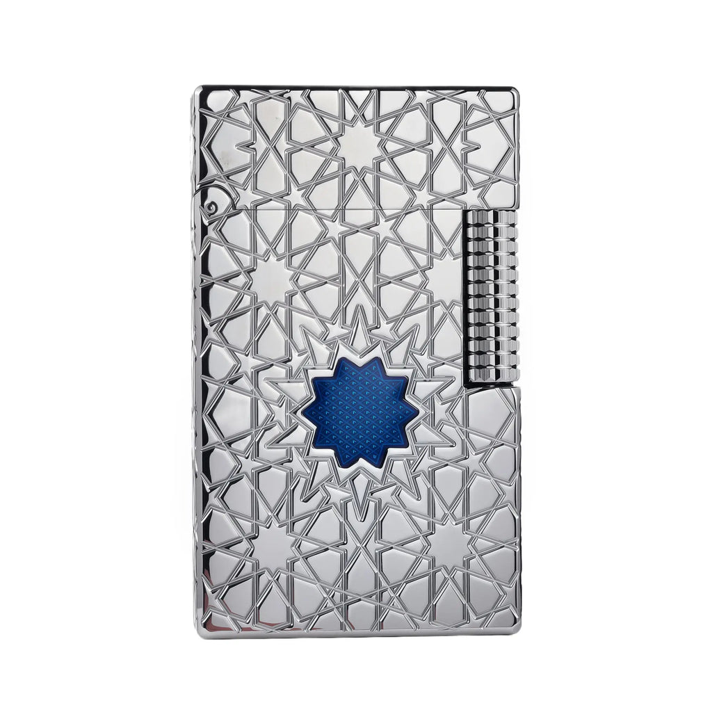 A Thorens Stellar Mesh lighter featuring a polished silver body with an intricate geometric star pattern and a blue crystalline centerpiece.