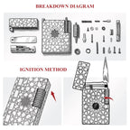 A technical illustration showing the internal mechanical components of the Stellar Mesh Silver lighter alongside a visual guide for the vertical-roll ignition method.