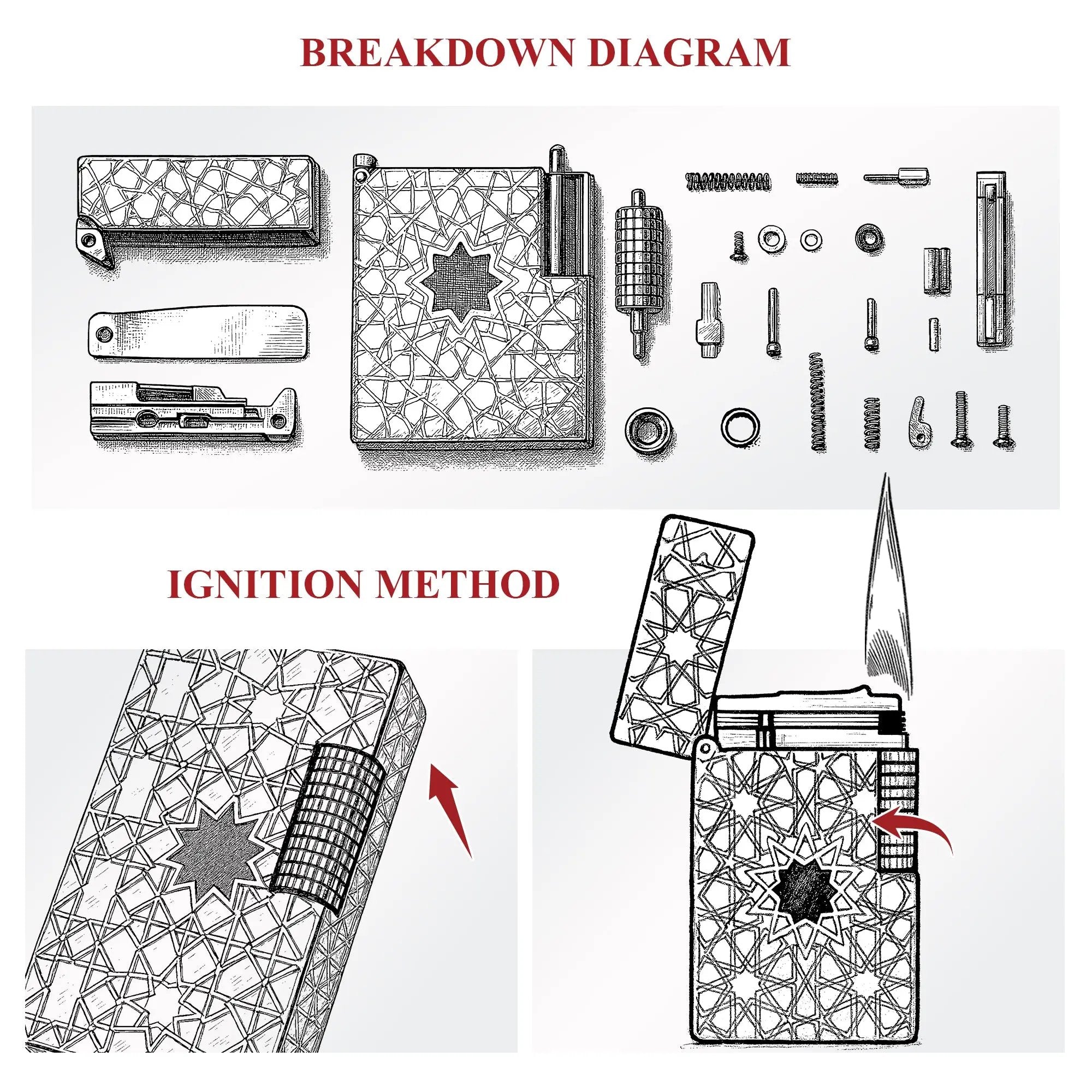 A technical illustration showing the internal mechanical components of the Stellar Mesh Silver lighter alongside a visual guide for the vertical-roll ignition method.