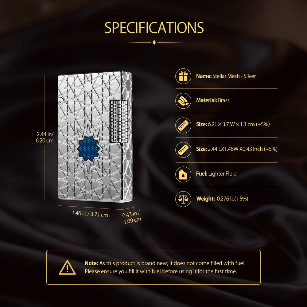 A technical illustration showing the internal mechanical components of the Stellar Mesh Silver lighter alongside a visual guide for the vertical-roll ignition method.