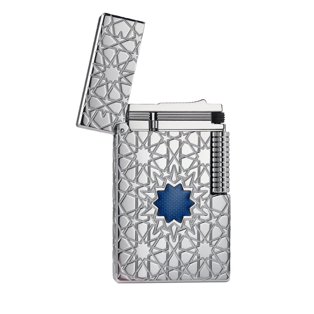 A Thorens Stellar Mesh Silver lighter with an open flip-top, featuring deep-etched geometric star patterns, a vibrant blue mesh center, and precision silver-toned mechanics.
