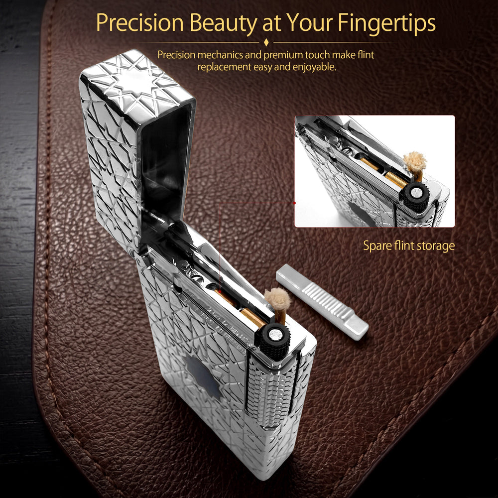 A Thorens Stellar Mesh Silver lighter resting on a wooden surface with an open lid, highlighting the mechanical flint spark and a clean flame against the silver geometric star pattern.