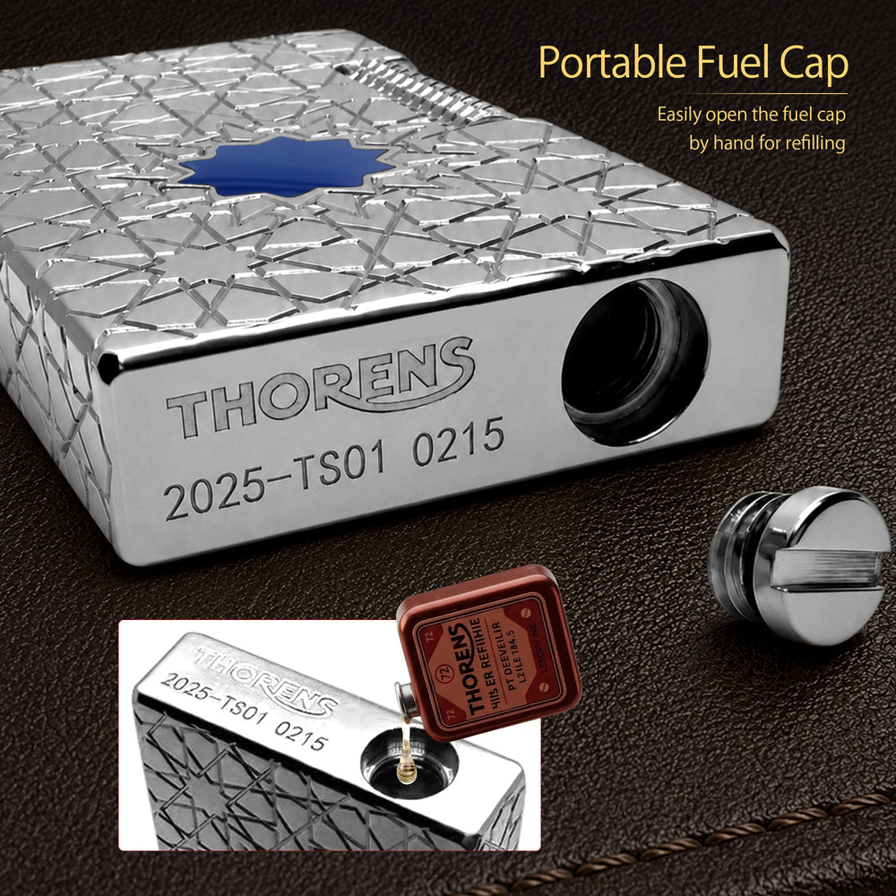 A product list overview for the Stellar Mesh Silver lighter set, including a red gift box, wicks, a 5-pack of flints, and the Thorens user manual.