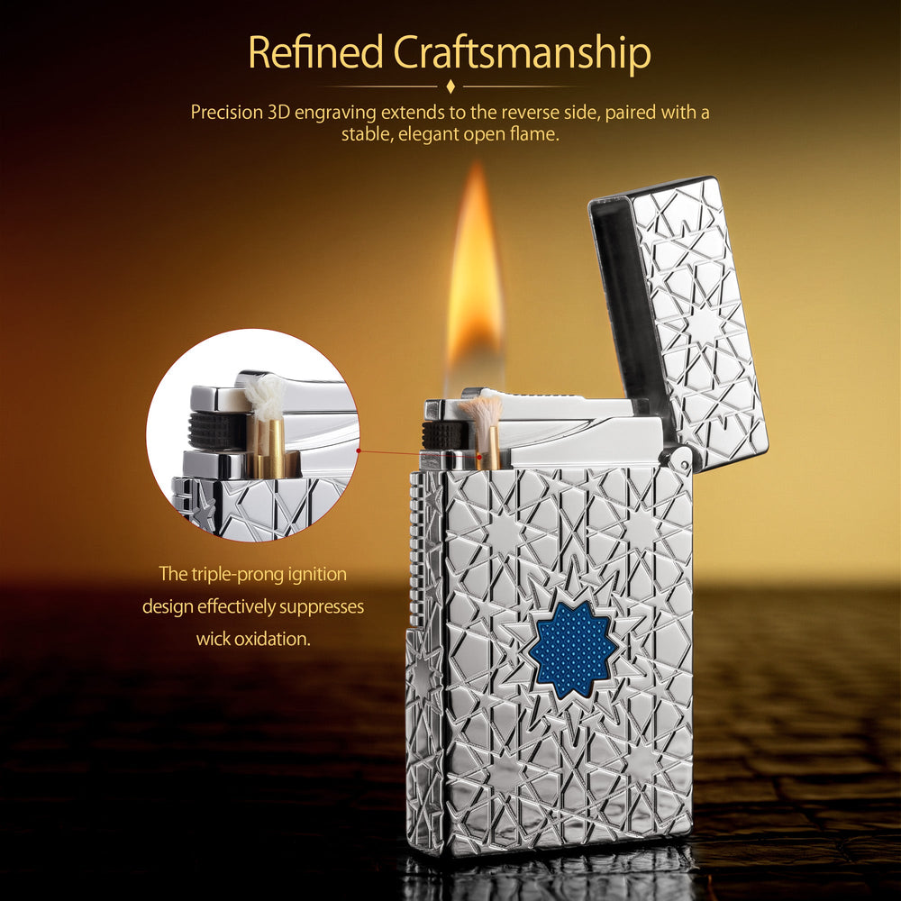 A Thorens Stellar Mesh Silver lighter with an open lid, captured at the moment of ignition to show the flint spark and flame against the intricate silver geometric star pattern and blue mesh center.
