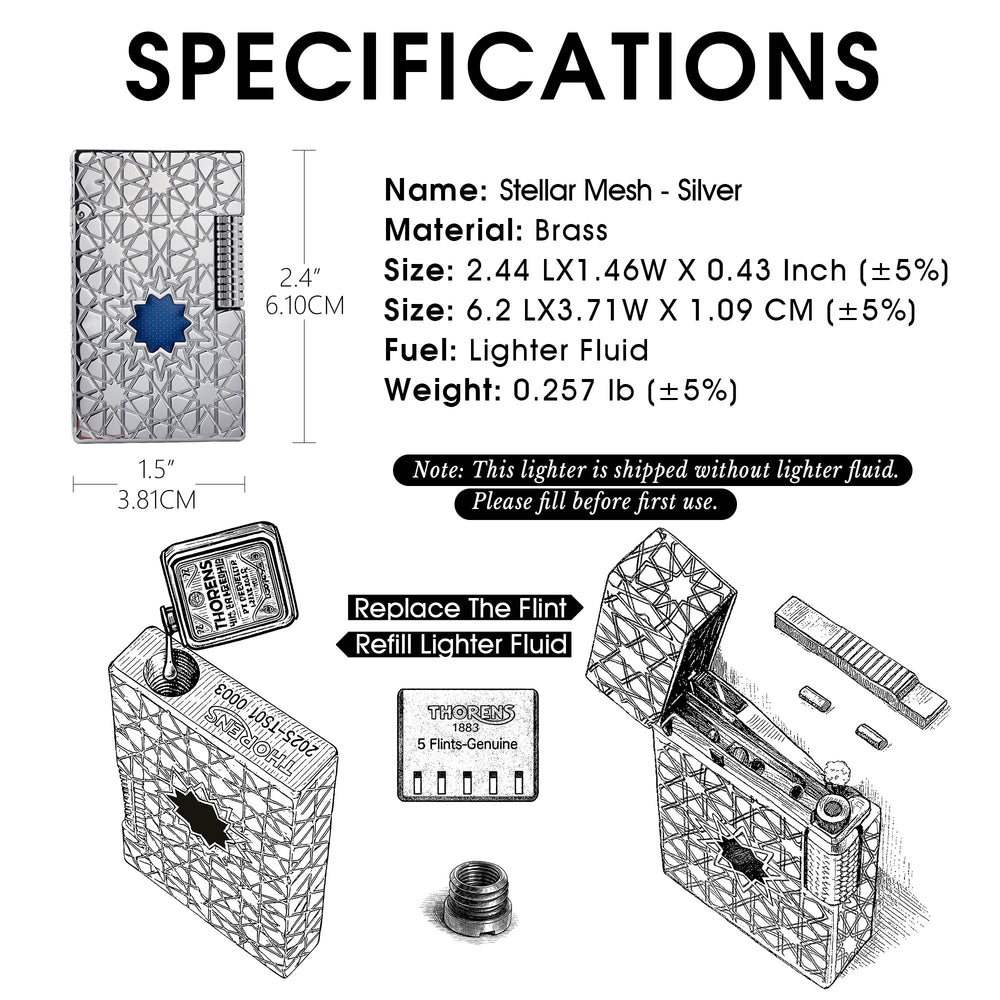A technical summary for the Stellar Mesh Silver lighter detailing dimensions, brass construction, and fuel requirements, alongside illustrated guides for refilling fluid and replacing the flint.