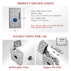 A technical summary for the Stellar Mesh Silver lighter detailing dimensions, brass construction, and fuel requirements, alongside illustrated guides for refilling fluid and replacing the flint.