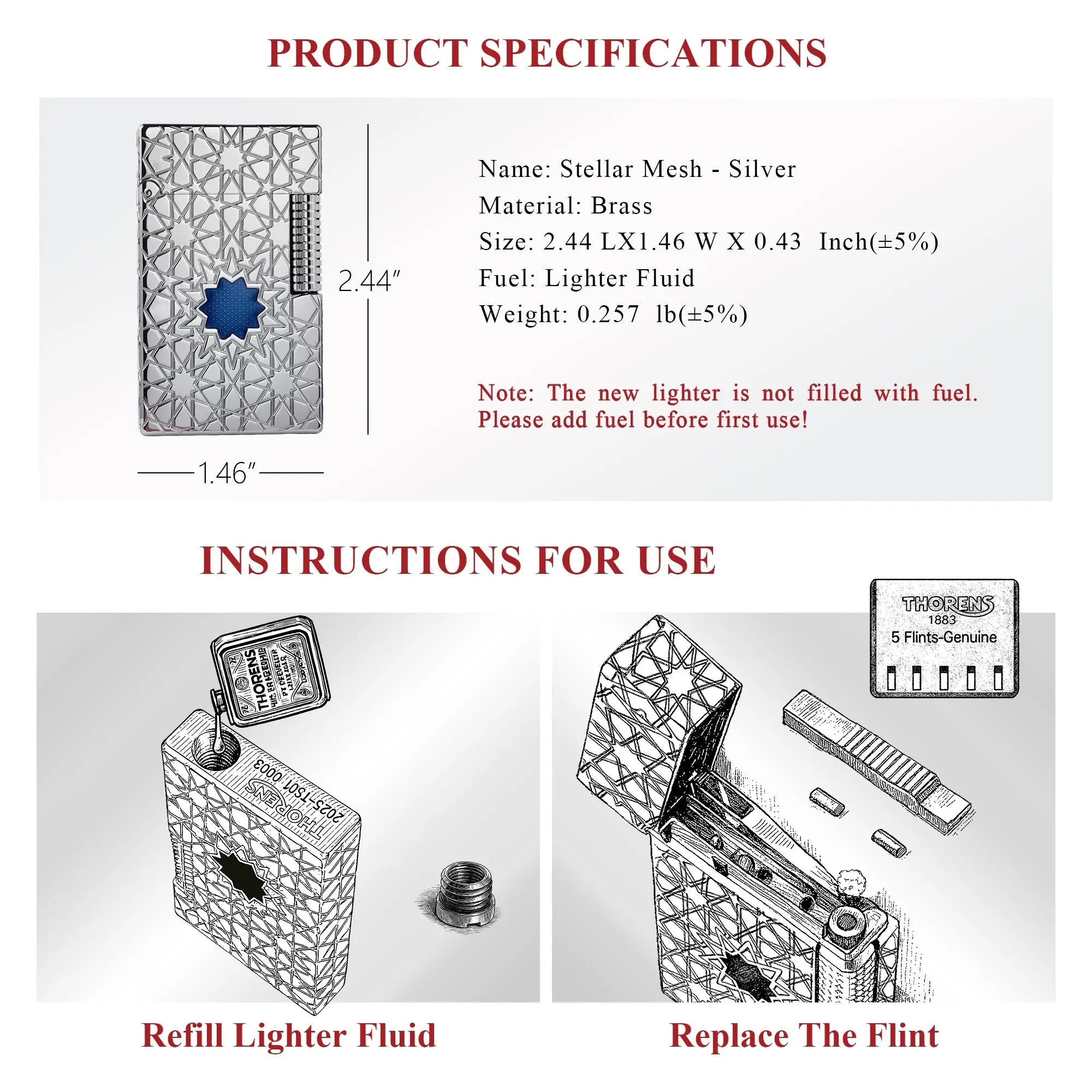 A technical summary for the Stellar Mesh Silver lighter detailing dimensions, brass construction, and fuel requirements, alongside illustrated guides for refilling fluid and replacing the flint.