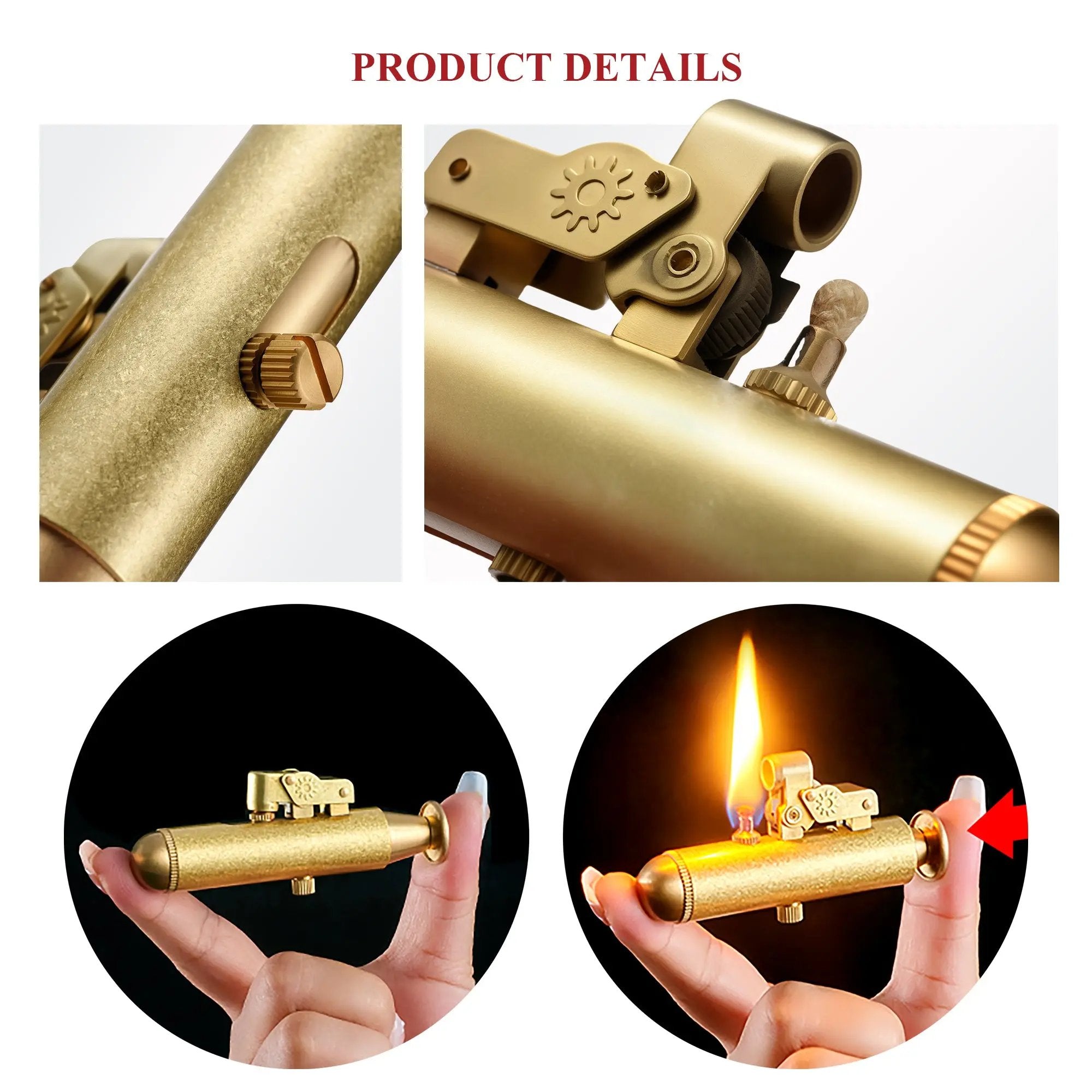 A collage showing close-up details of the Submarine lighter's brass adjustment screws and the unique push-button ignition method demonstrated by hand.
