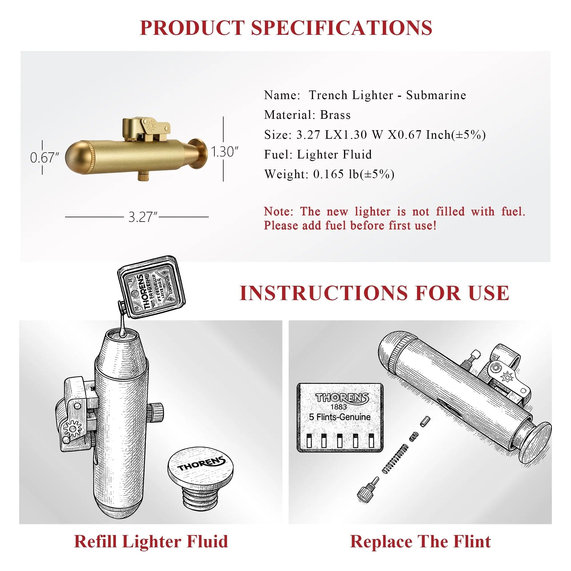 A technical infographic for the Submarine trench lighter, detailing its brass material, 3.27-inch length, and weight, alongside illustrated steps for refilling lighter fluid and replacing the flint.