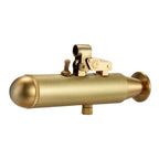 A side profile of the Submarine trench lighter in brushed brass on a pure white background, highlighting its nautical shape, mechanical ignition lever, and bottom adjustment screw.
