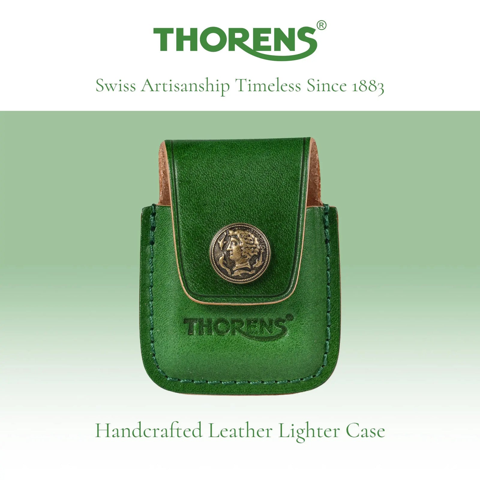 A premium Thorens handcrafted leather lighter case in vibrant green, featuring a vintage brass relief medallion and debossed brand logo, showcasing Swiss artisanship since 1883.