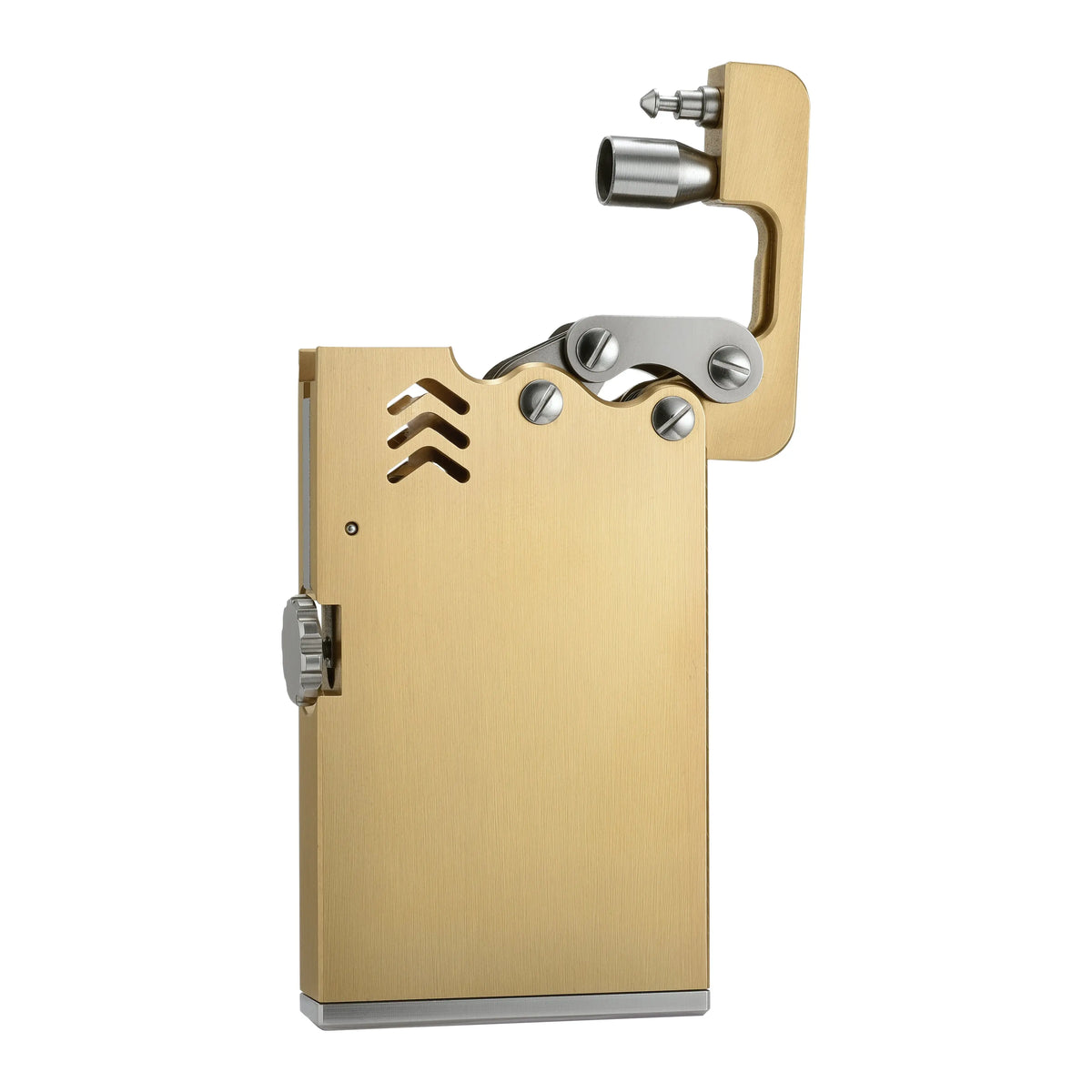 A slim Thorens ejection-style mechanical lighter in a vertical brushed brass finish, featuring a silver-toned base and a complex top-mounted ignition arm mechanism.