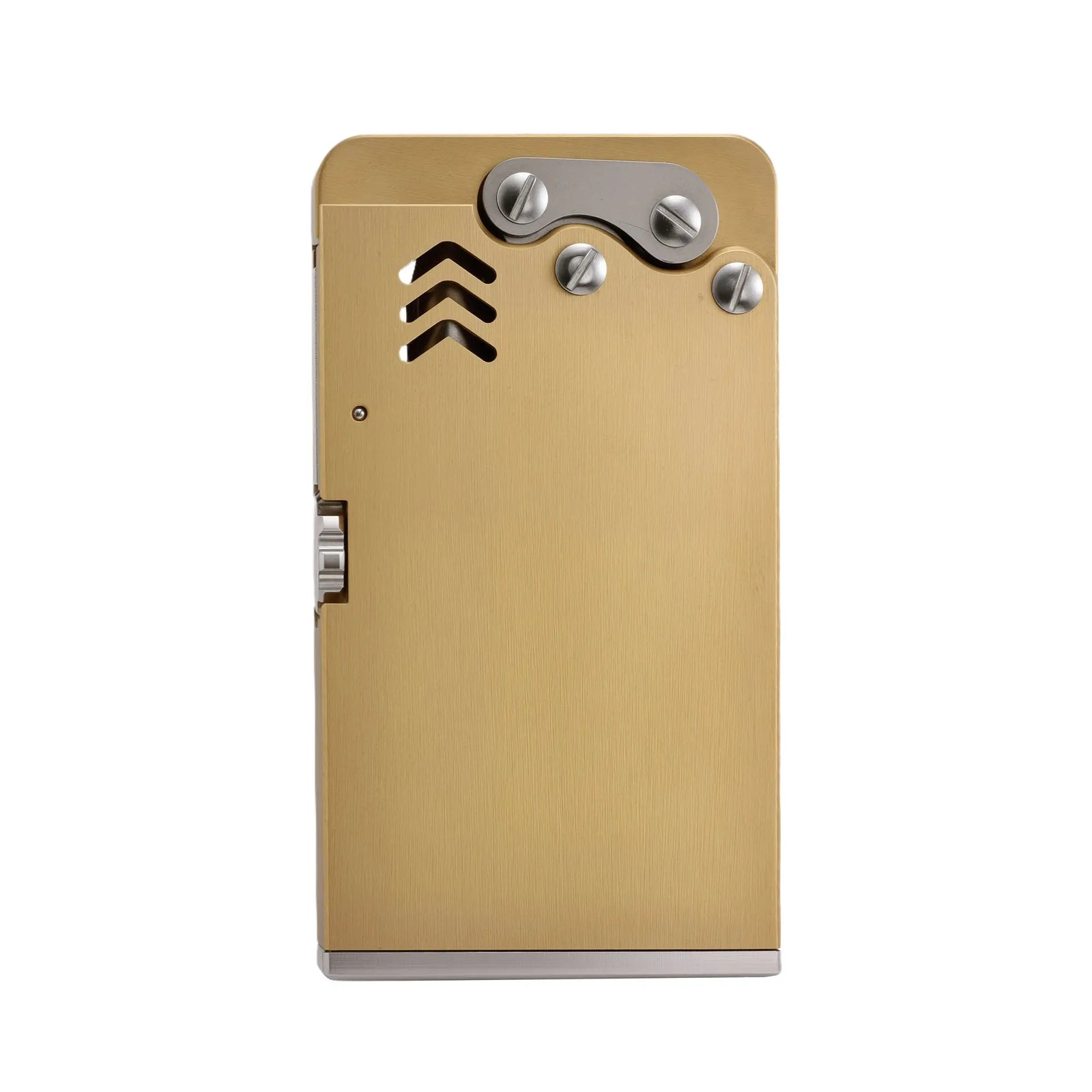 A slim profile Thorens Ejection lighter featuring a brushed gold brass body, mechanical screw fasteners, and a unique triple-chevron vent.