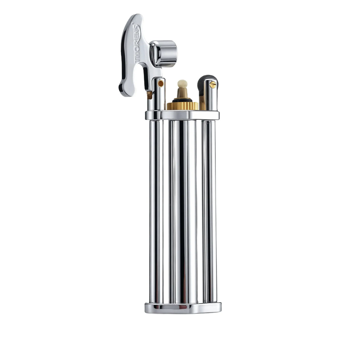 A Thorens three-section silver stick lighter featuring a triple-column polished body, brass wick housing, and an open lever-action ignition mechanism.