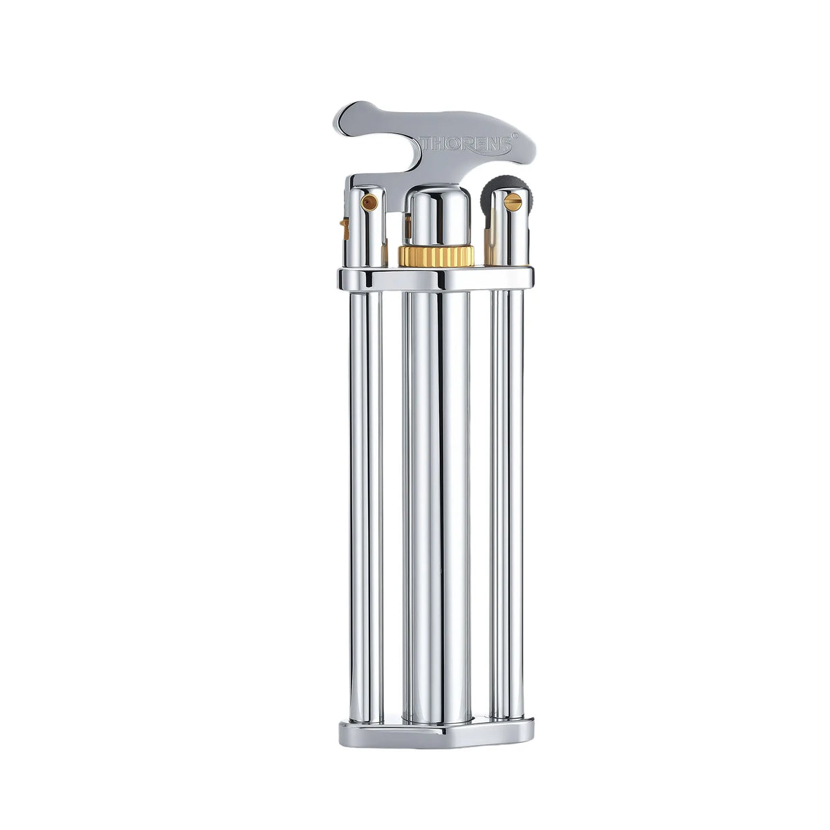 A vintage-style three-section stick lighter with a polished silver tripod body, featuring a mechanical ignition lever at the top and brass-colored adjustment accents.