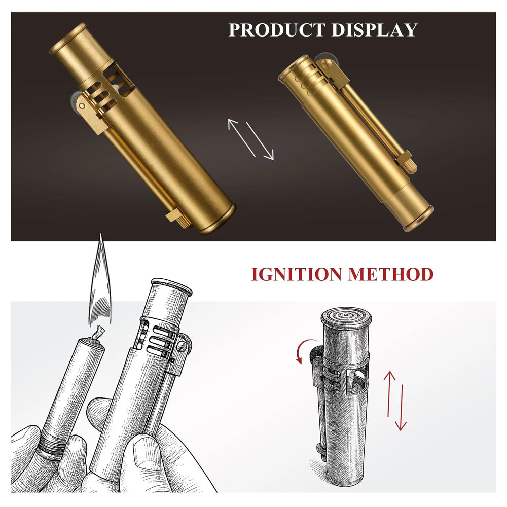 A product display and instructional diagram showing the mechanical operation and candle-lighting method for the Torch Stick brass lighter.