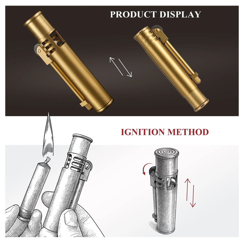 A product display and instructional diagram showing the mechanical operation and candle-lighting method for the Torch Stick brass lighter.