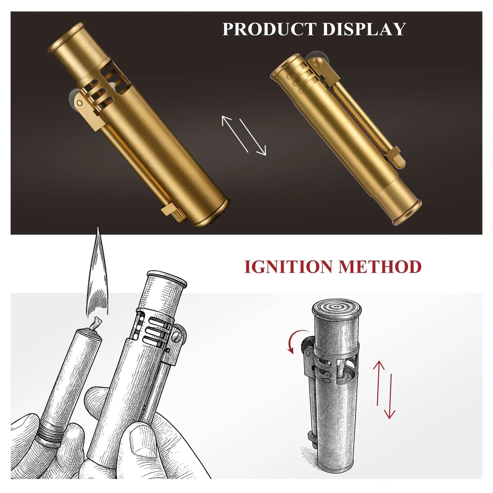 A product display and instructional diagram showing the mechanical operation and candle-lighting method for the Torch Stick brass lighter.
