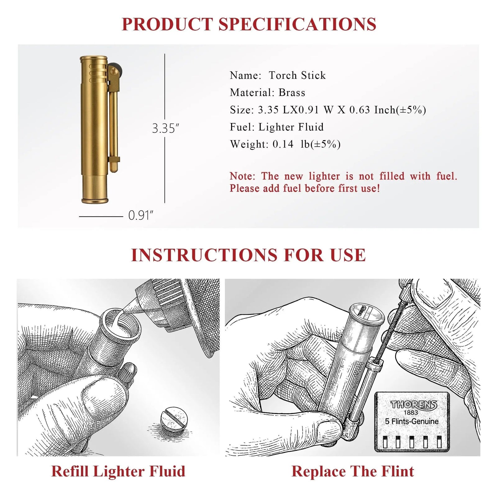 An informational layout showing the dimensions and specs for the Torch Stick brass lighter, with illustrated guides for refilling fluid and replacing flints.