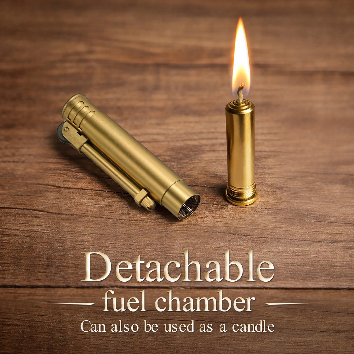 Thorens Torch Stick lighter in brass with detachable fuel chamber, showing lit wick as a candle and cylindrical metal body on wooden surface.