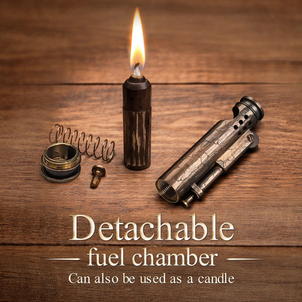 Thorens Trench Lighter Battle Soul with hand carved cracks showing detachable fuel chamber components, wick lit as a candle, and disassembled metal parts on wooden surface.