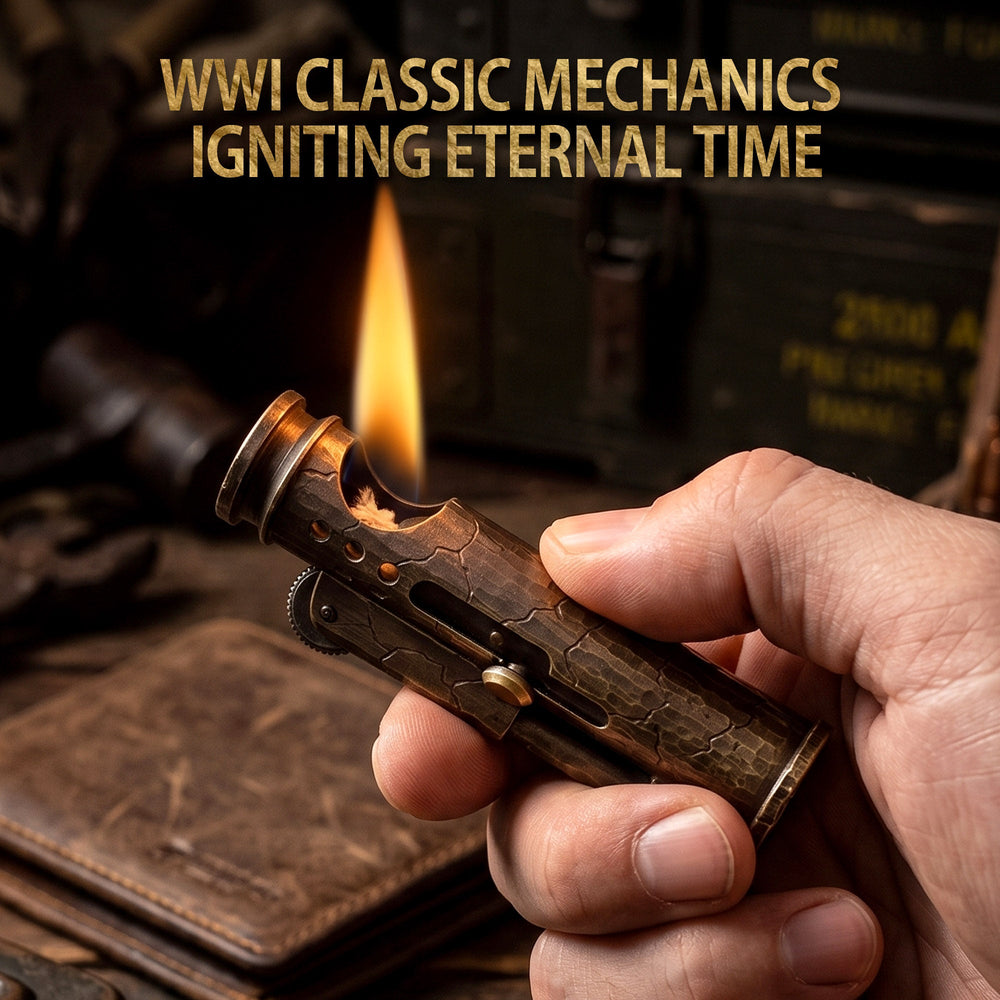 Thorens Trench Lighter Battle Soul with hand carved cracks showing detachable fuel chamber components, wick lit as a candle, and disassembled metal parts on wooden surface.